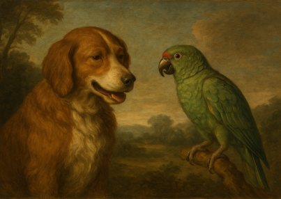 20250604_1155_Nodding Dog and Parrot_simple_compose_01jwx5swknf0c8bmytswa1hv6q